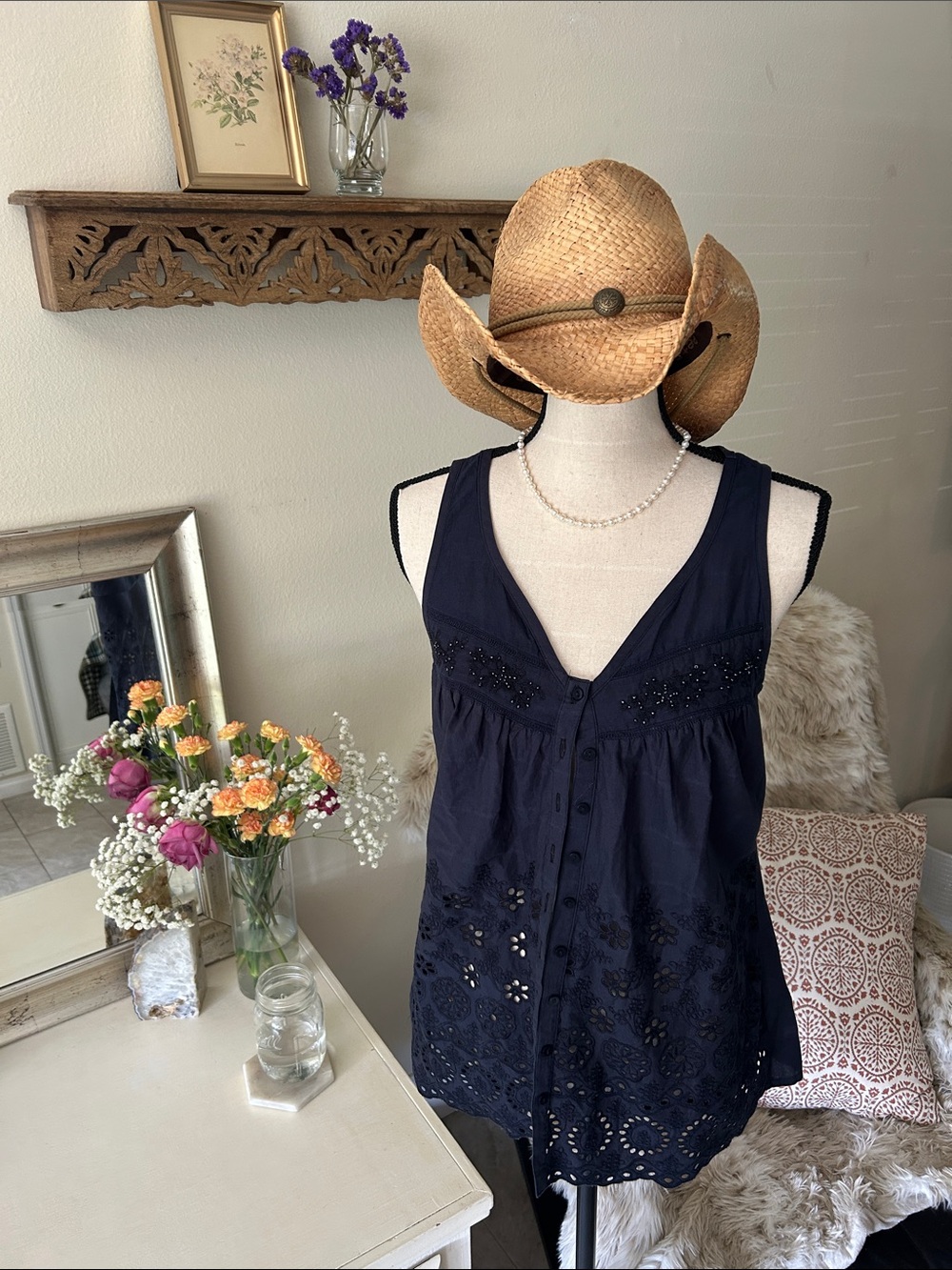 Boho western cottage navy cotton Beaded button down v neck blouse tank top M